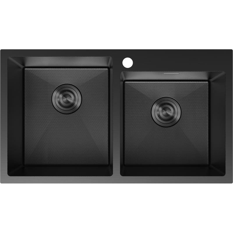 Stålvask Mexen Xorin 780 x 450 mm sort, to kummer med avrundede hjørner og sentrerte avløp.