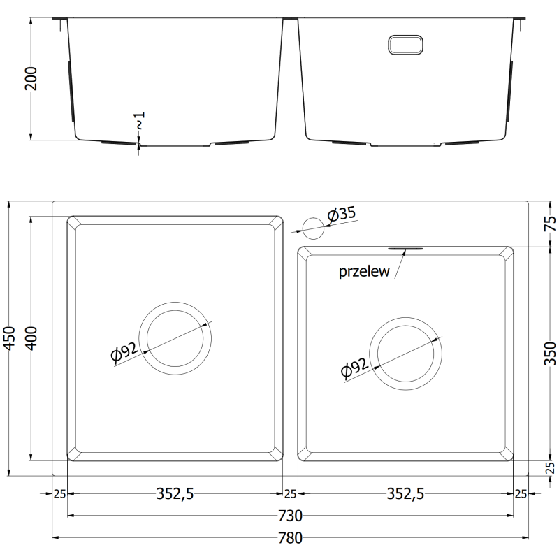Kjøkkenvask i stål teknisk tegning av dobbel vask Mexen Xorin 780x450 mm med mål og hullplassering.