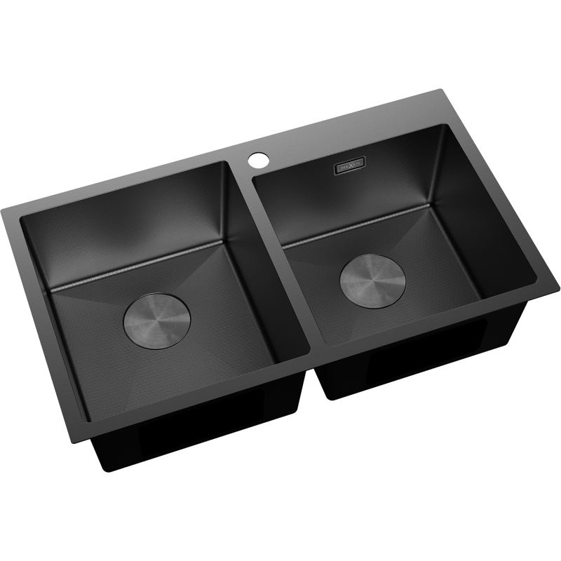 Stål Kjøkkenvask Mexen Xorin svart, dobbelt kum, sett skrått ovenfra med runde hjørner og metallsluk.