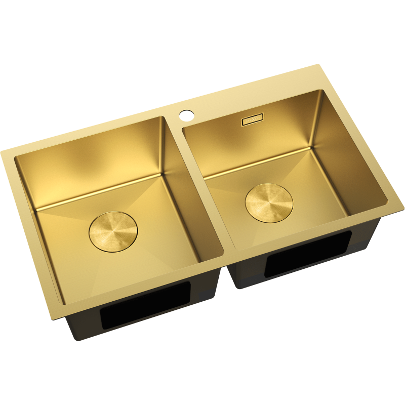 Stål Kjøkkenvask Mexen Xorin dobbel, gullfarget, sett skrått ovenfra med to kummer og armaturhull.