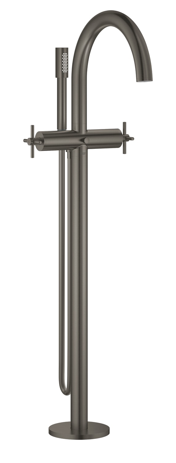 Oversikt over badekarbatteri og servantbatteri børstet hard grafitt Grohe Atrio med tilkoblinger