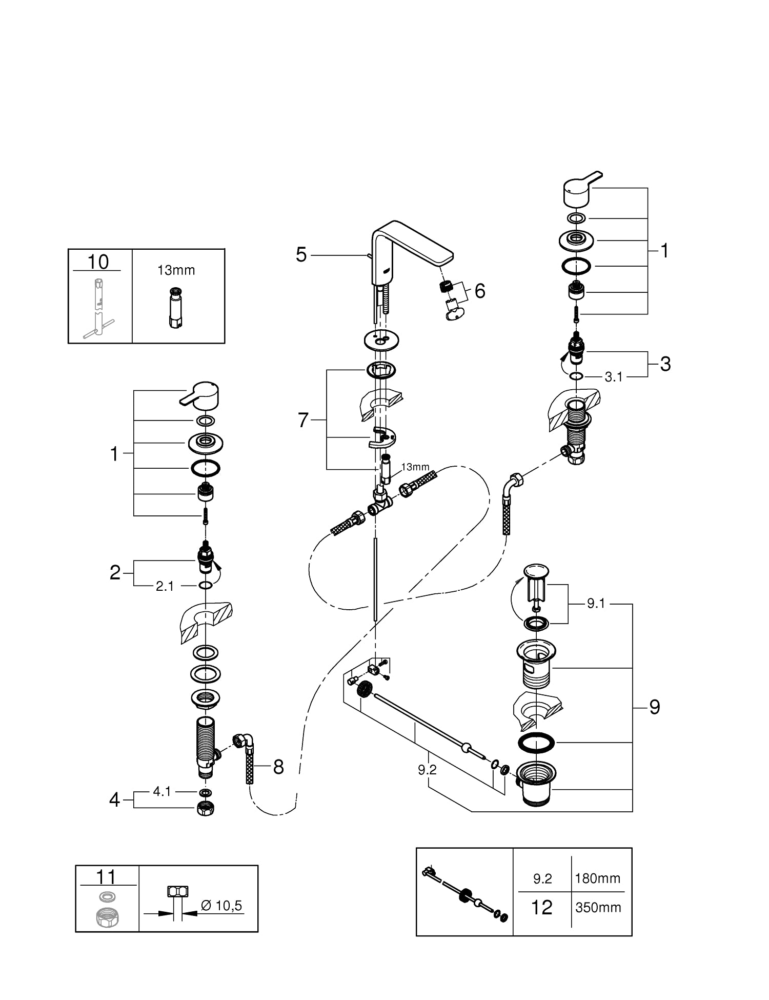 Detalj av servantbatteri 3-hulls krom Grohe Lineare