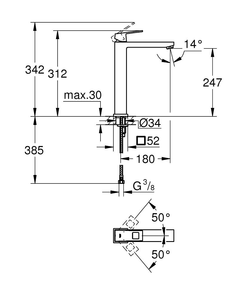 Nærbilde av betjening på servantbatteri ekstra høy brushed hard graphite Grohe Eurocube