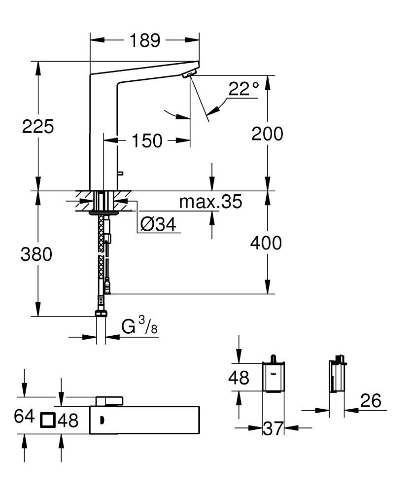 Servantbatteri elektronisk infrarød brushed hard graphite Grohe Eurocube E detalj