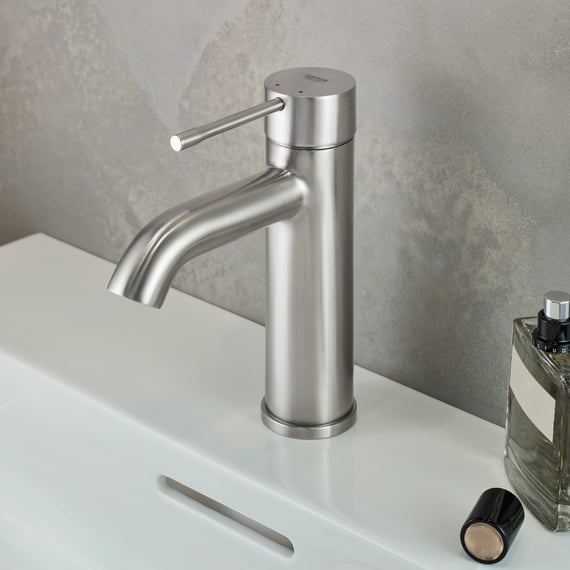 Nærbilde av EcoJoy® perlatorsystem på Servantbatteri ettgreps børstet stål Grohe Essence