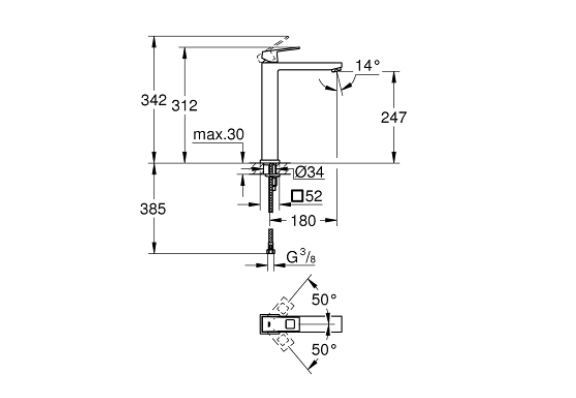 Detalj av servantbatteri høy krom Grohe Eurocube med grep