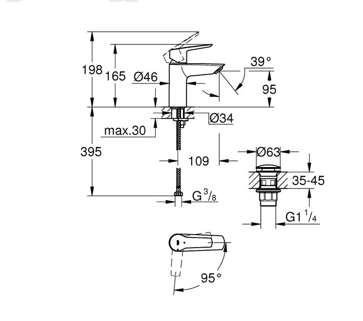 Detalj av metalldekket spak på Servantbatteri S matt svart - Grohe Start