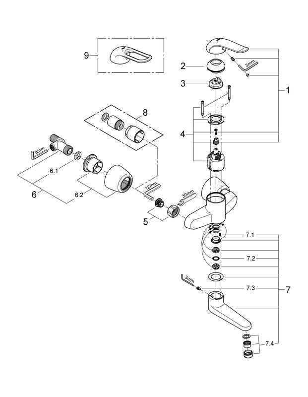 Sideprofil av Servantbatteri togreps krom Grohe Euroeco Special