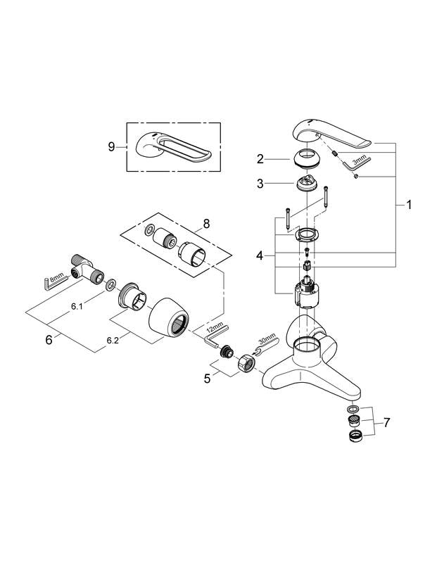 Oversikt av servantbatteri veggmontert krom Grohe Euroeco Special