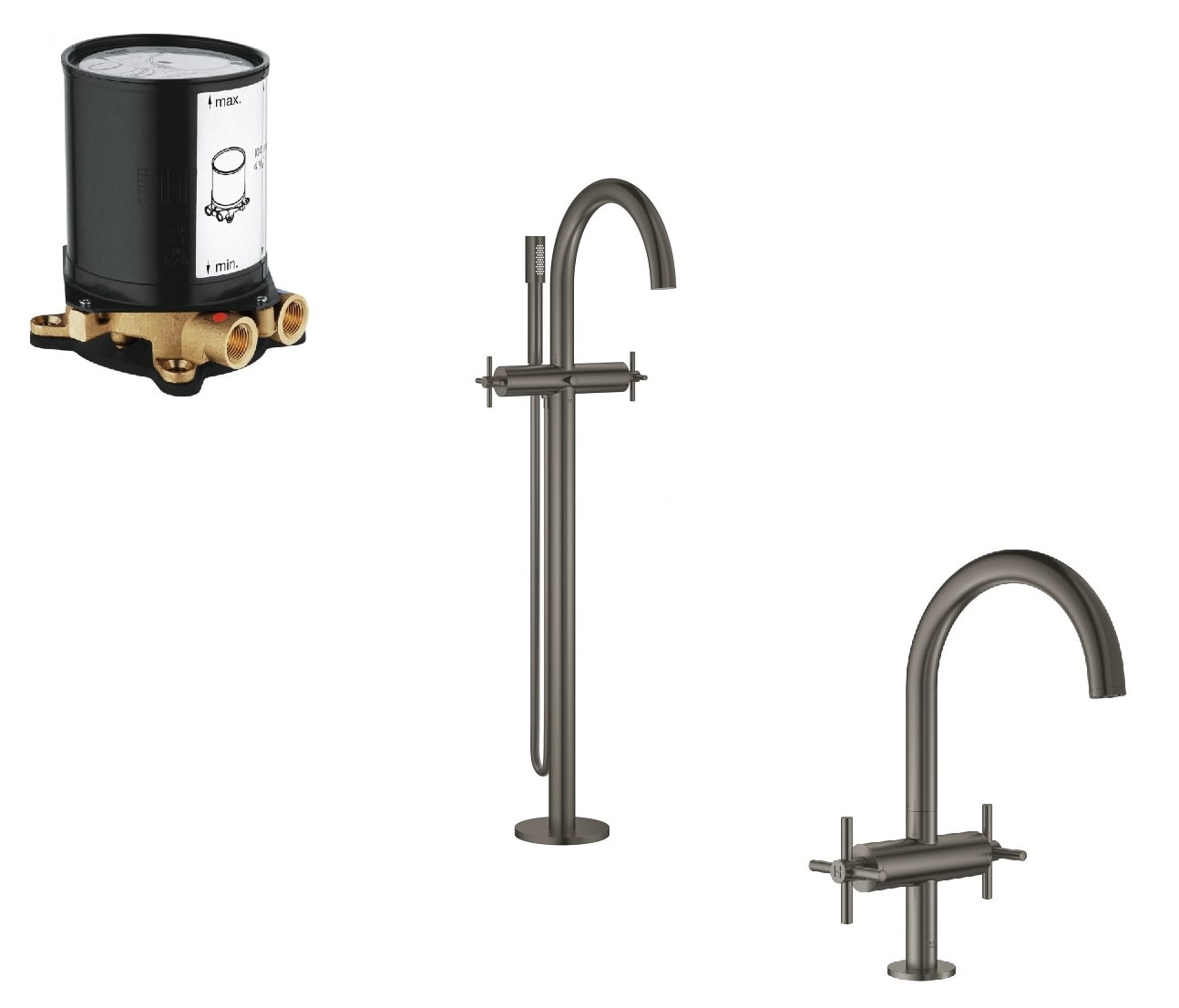 Sett 3-i-1 ettgreps badekar- og servantbatteri børstet hard grafitt Grohe Atrio forfra