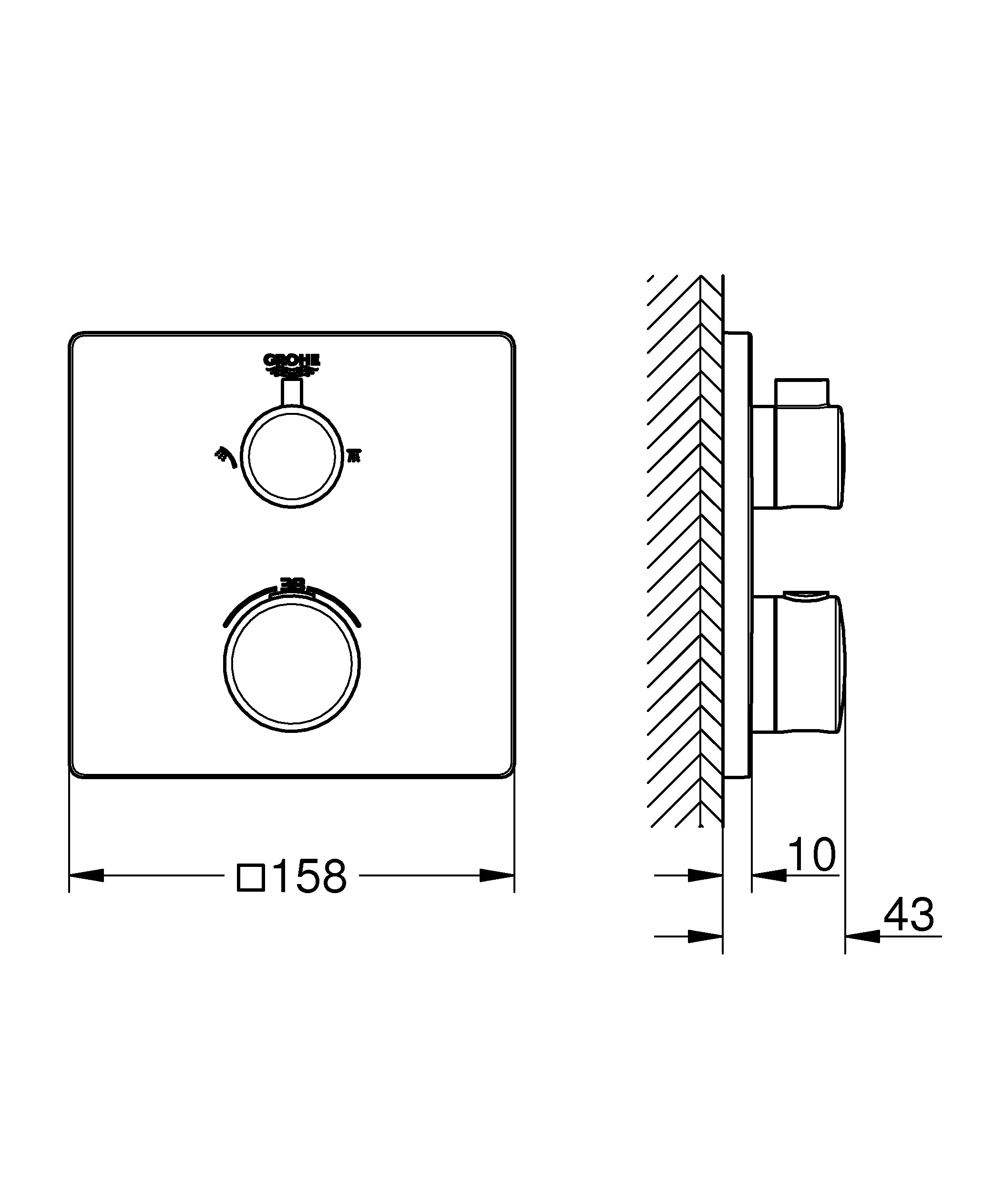 Termostat innbyggings toveis krom Grohe Grohtherm montert