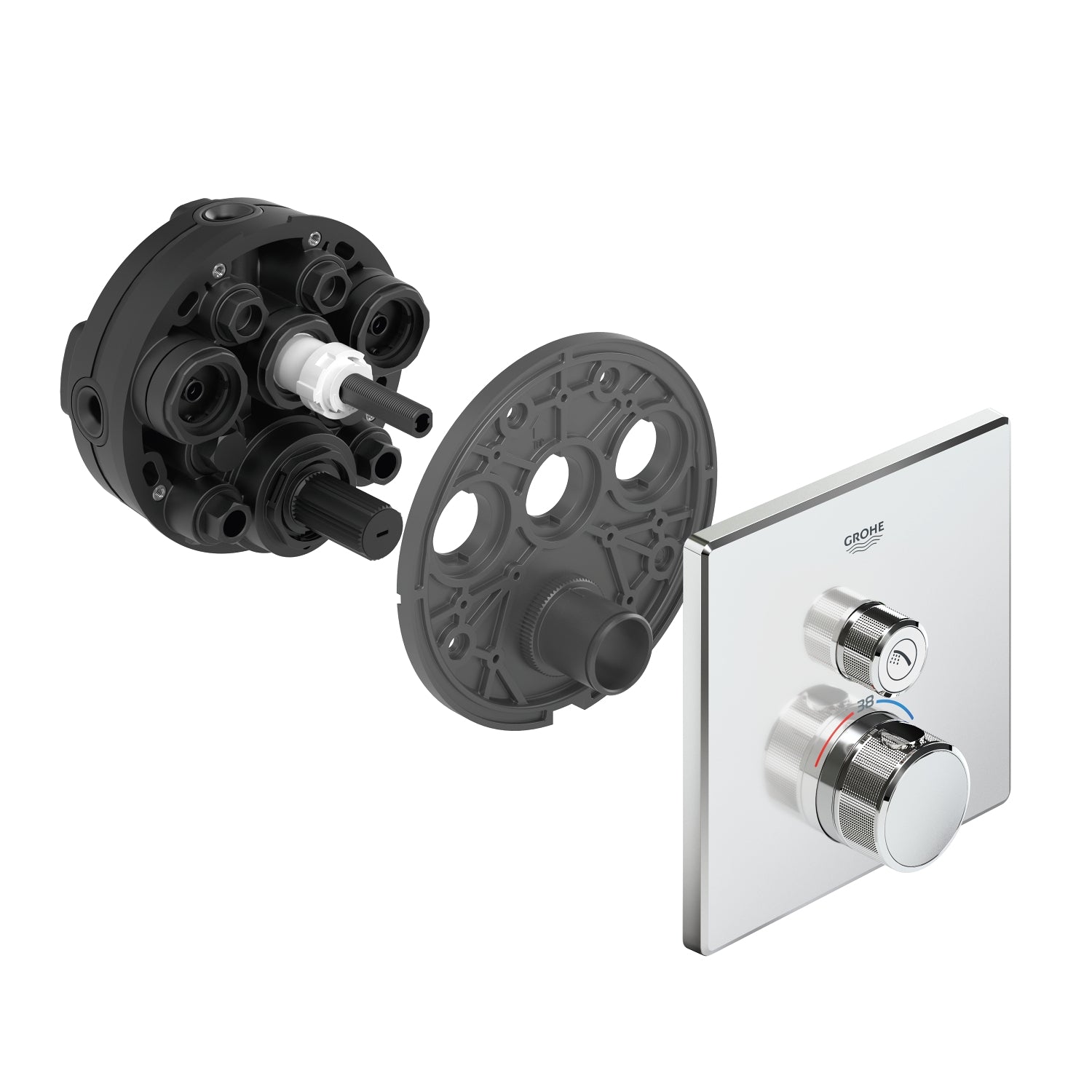 Nærbilde av kromfinish på termostat innbyggingsbatteri Grohe Grohtherm SmartControl